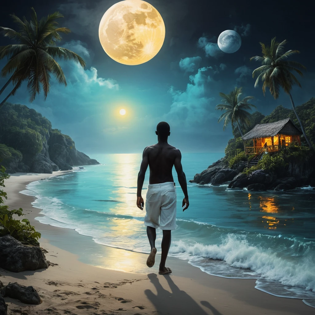 Romantic moonlit ocean scene with vibrant misty atmosphere