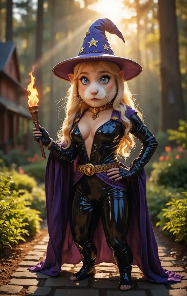 Cute wizard hamster on a sunlit cobblestone garden path