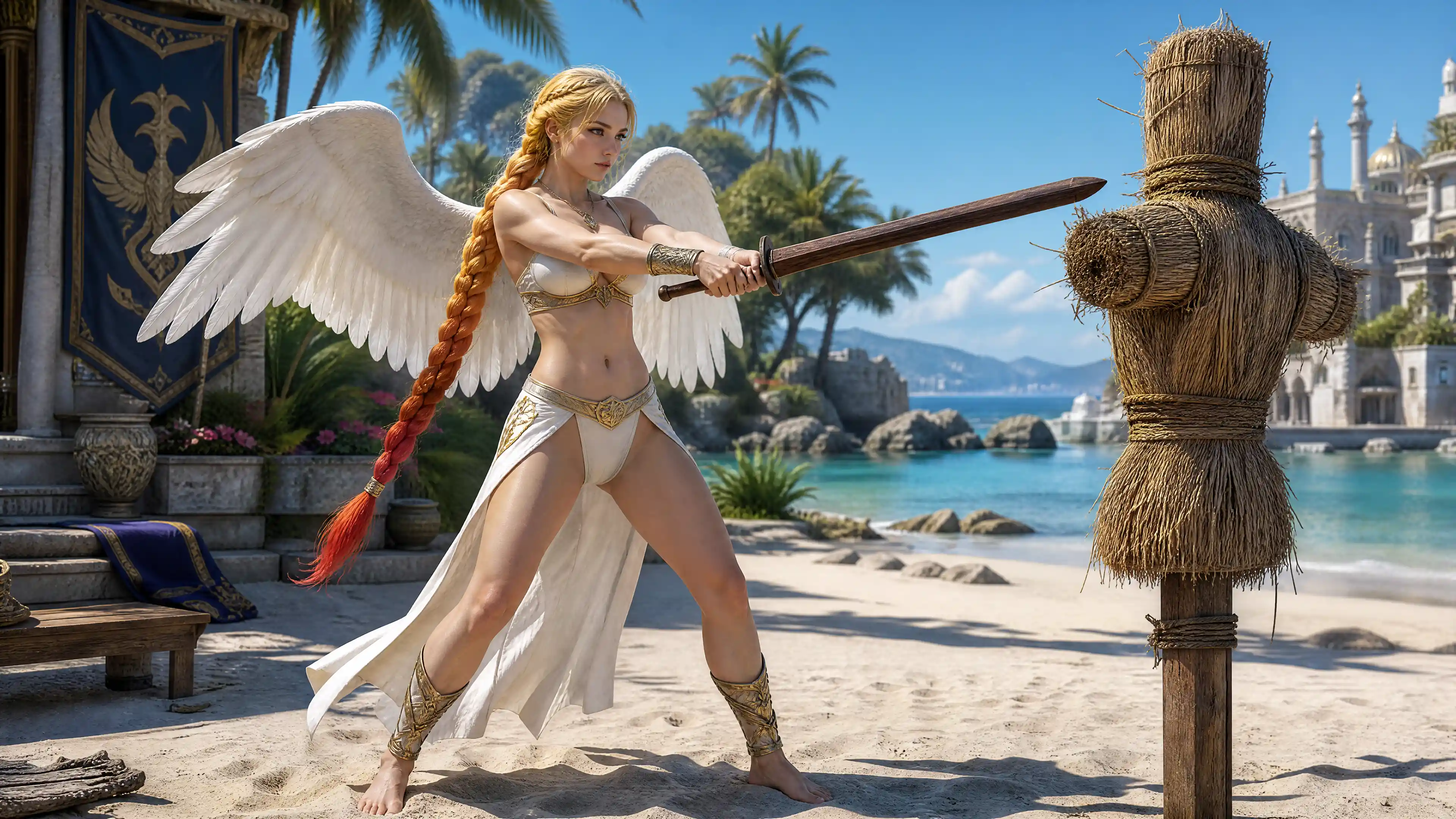 Valkyrie woman training with wooden sword on sunny beach