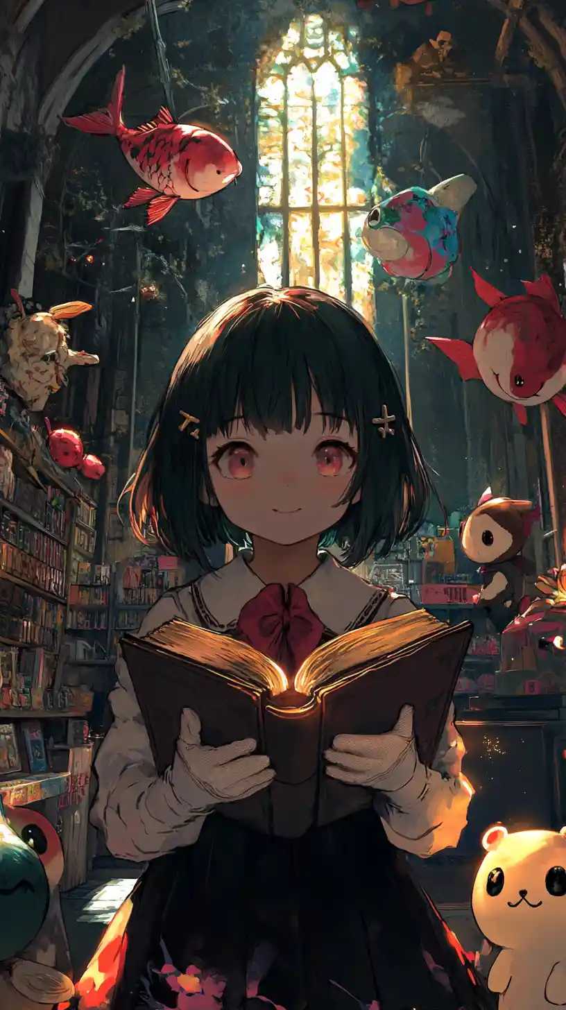 Anime girl holding a demonic book at ruined castle dusk
