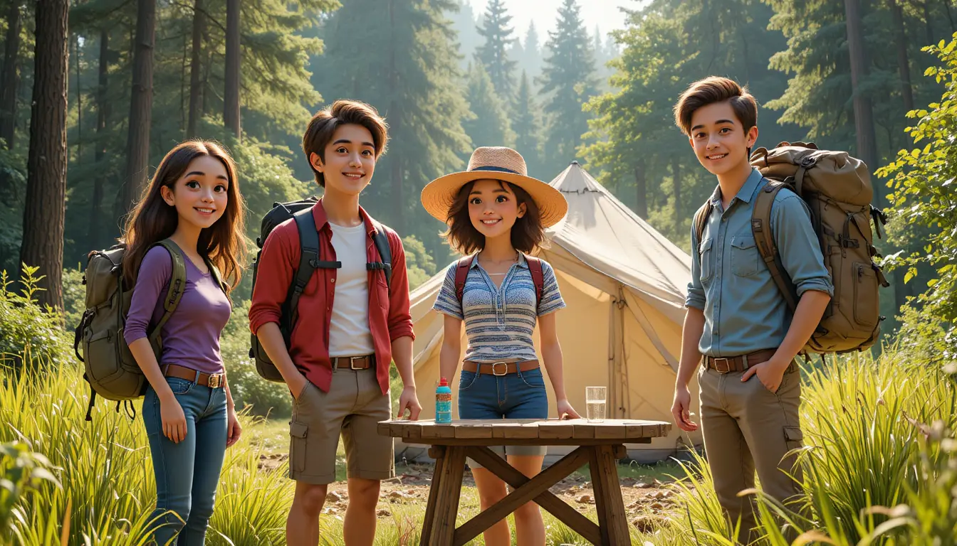 Group of young campers relaxing at a sunny forest site