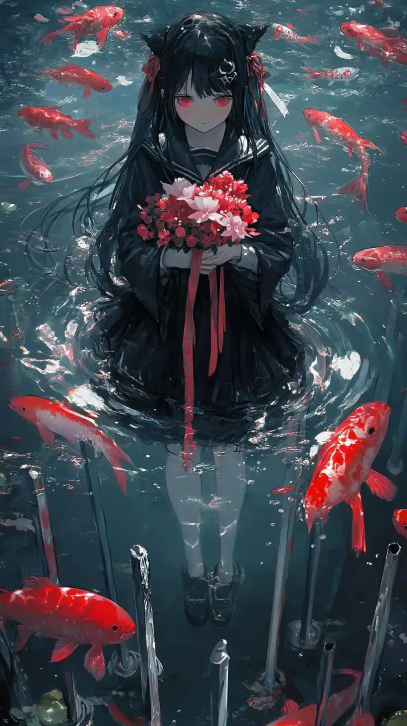 Sad anime girl walking through a field of buried swords