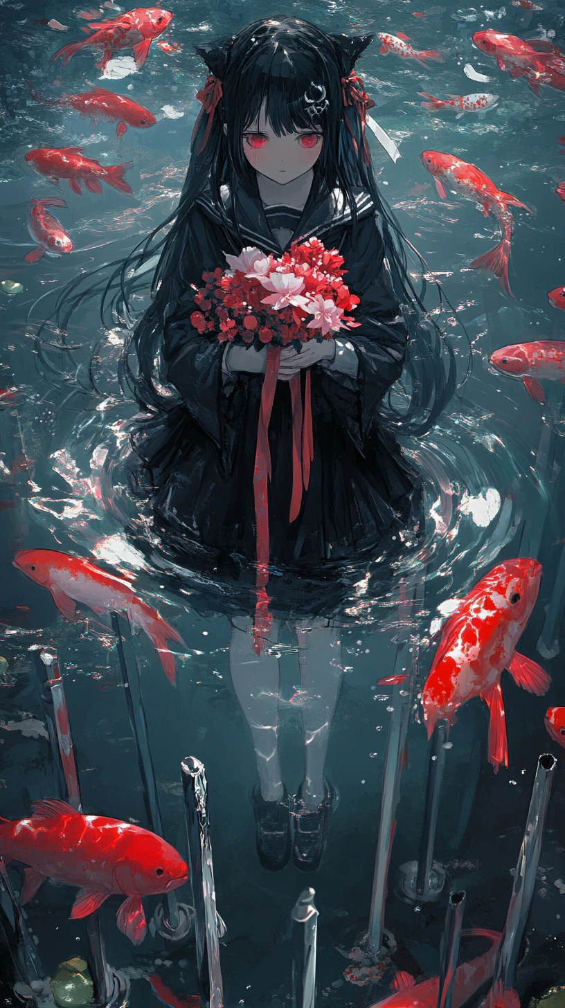 Sad anime girl walking through a field of buried swords