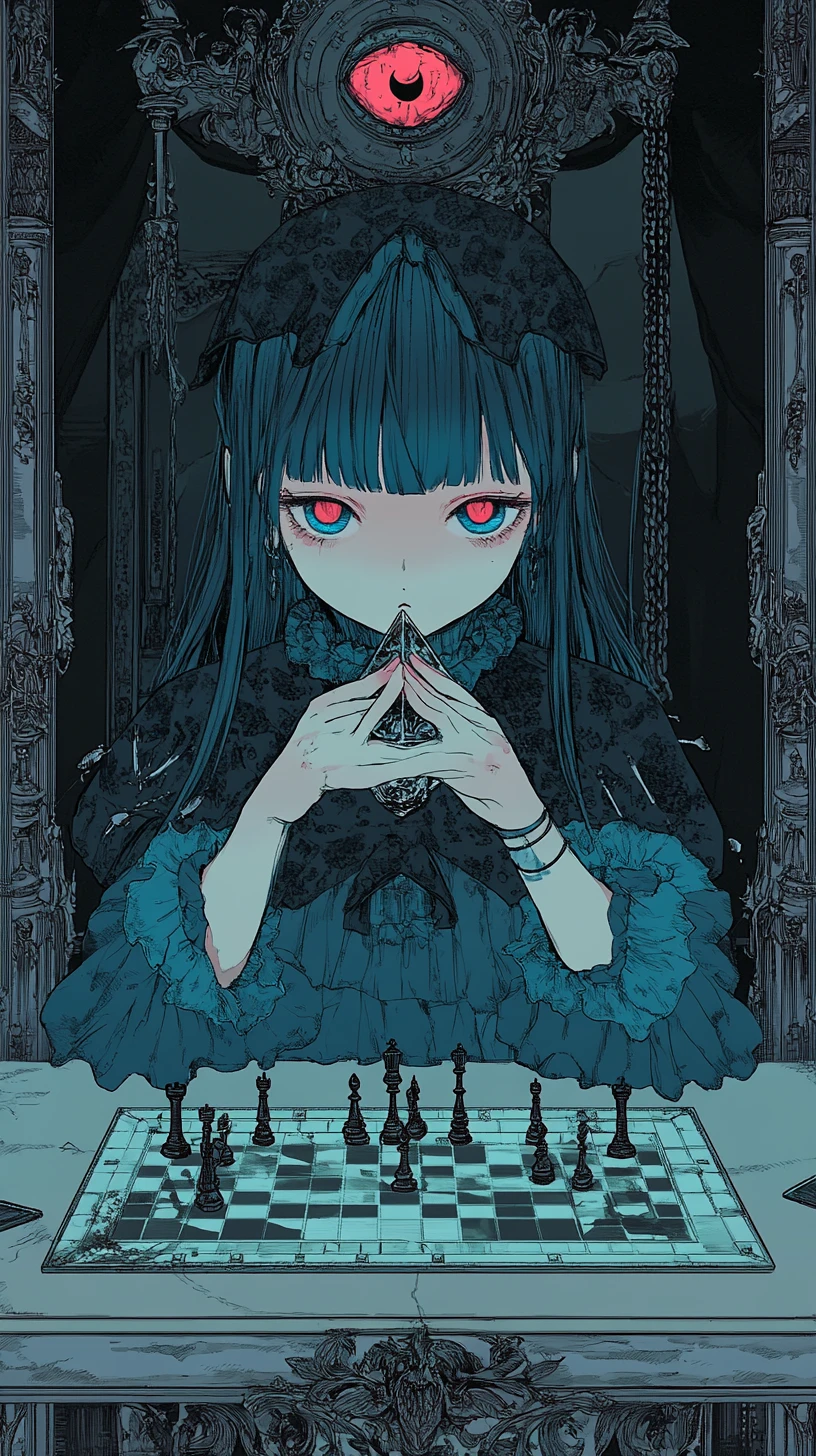 Anime girl playing chess with her mirrored reflection