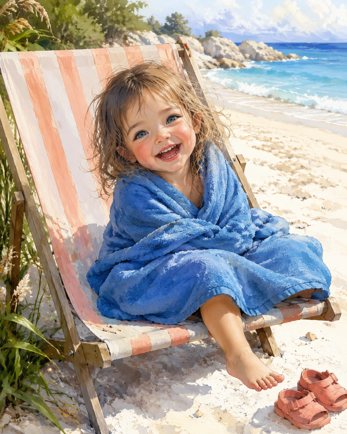 Little girl laughing on a striped chair at the beach