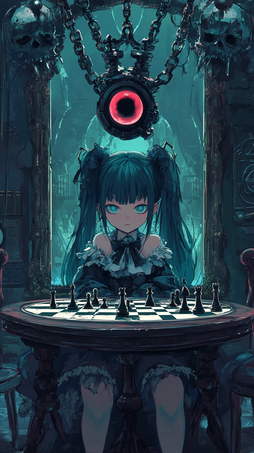 Anime girl playing chess with her mirrored reflection