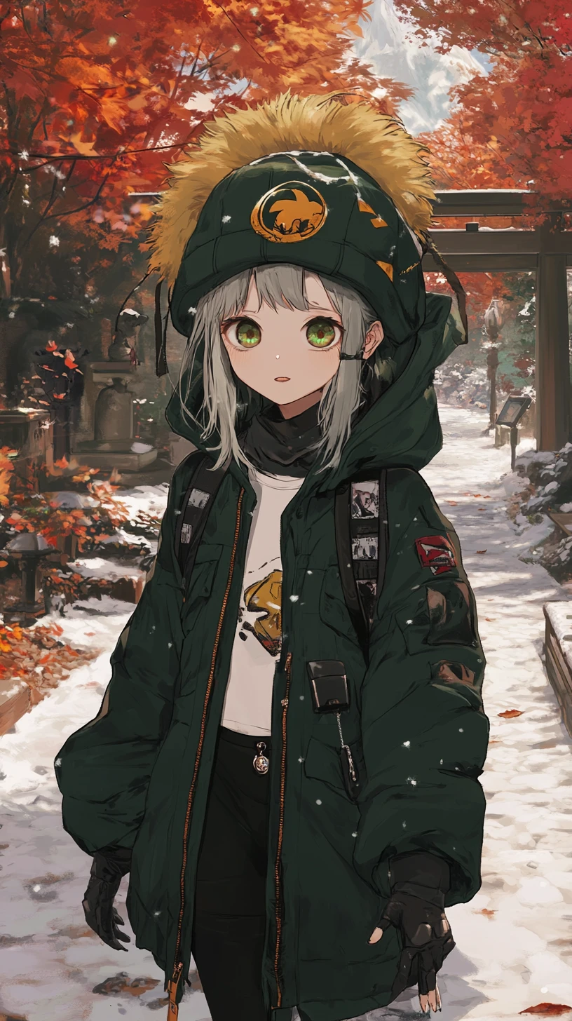 Anime girl in winter outfit walking through snowy village