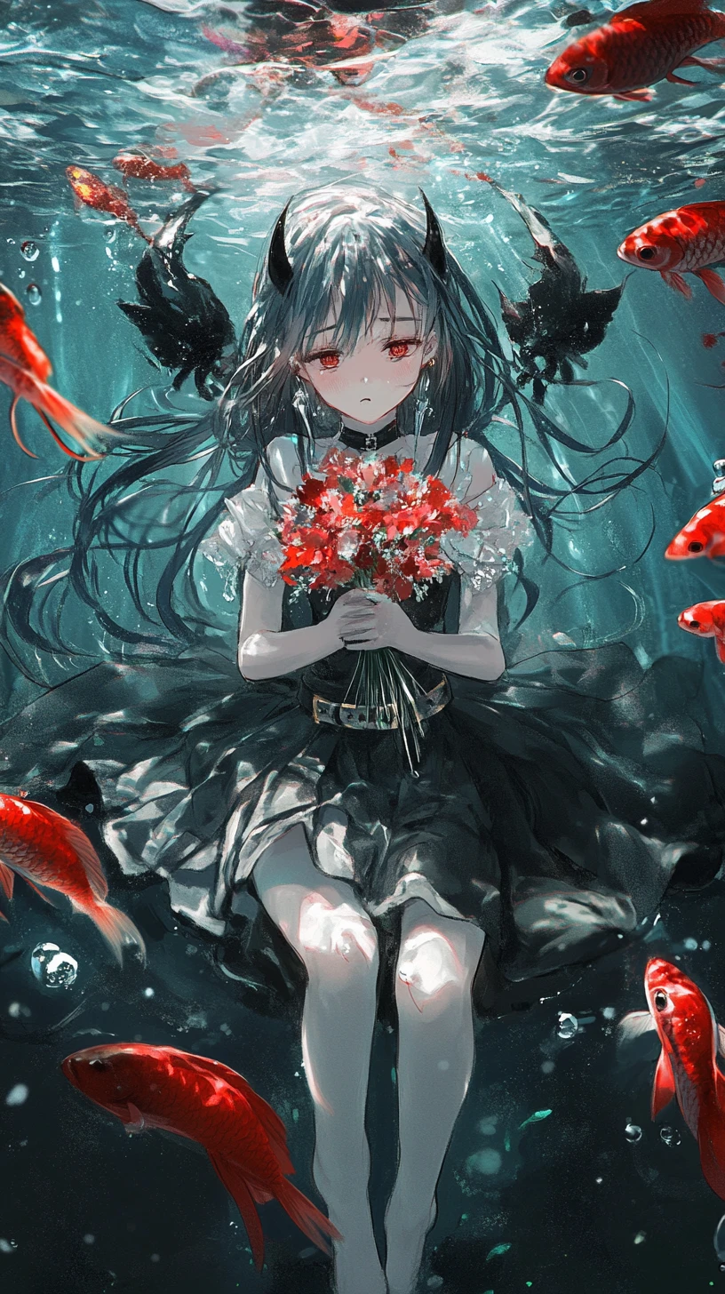 Sad anime girl walking through a field of buried swords