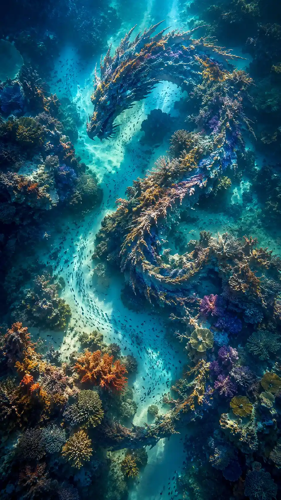 Underwater coral reef forming a subtle dragon shaped silhouette