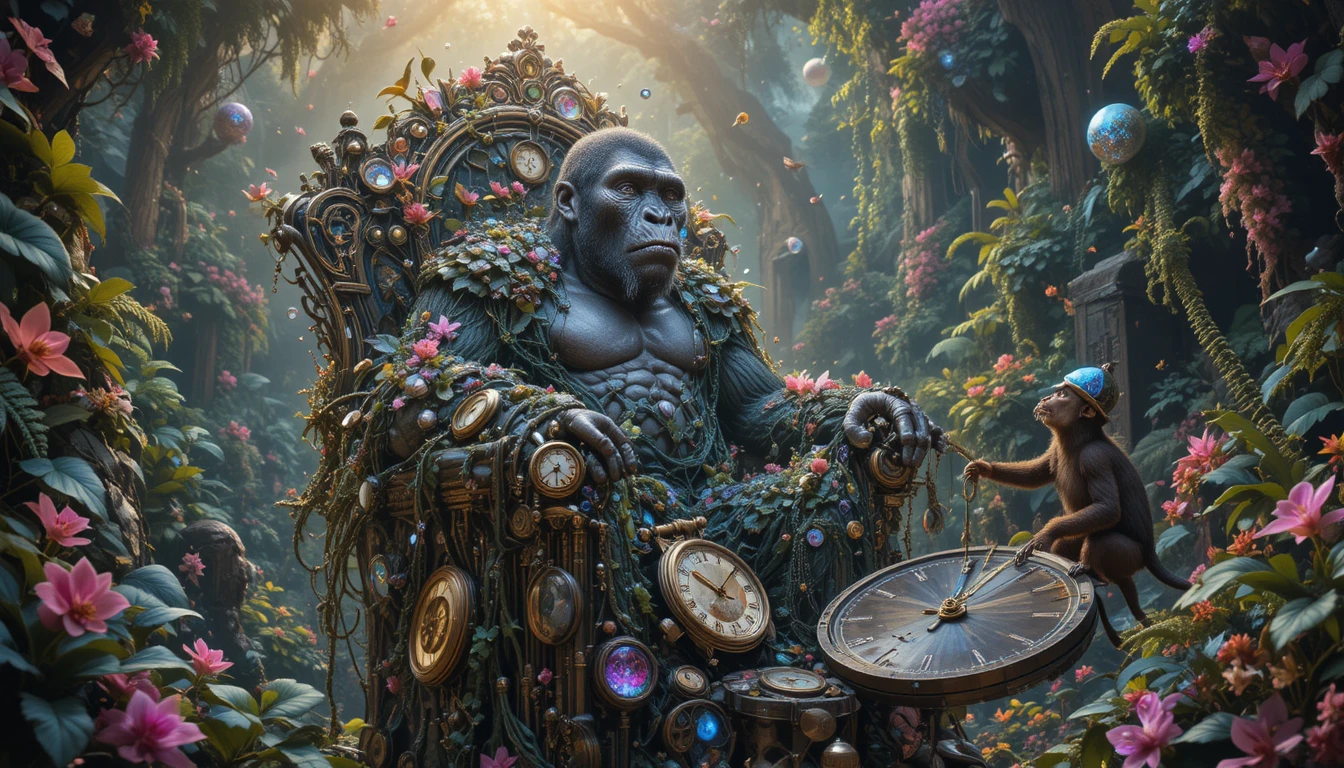 Ancient gorilla on a crystalline throne in surreal jungle