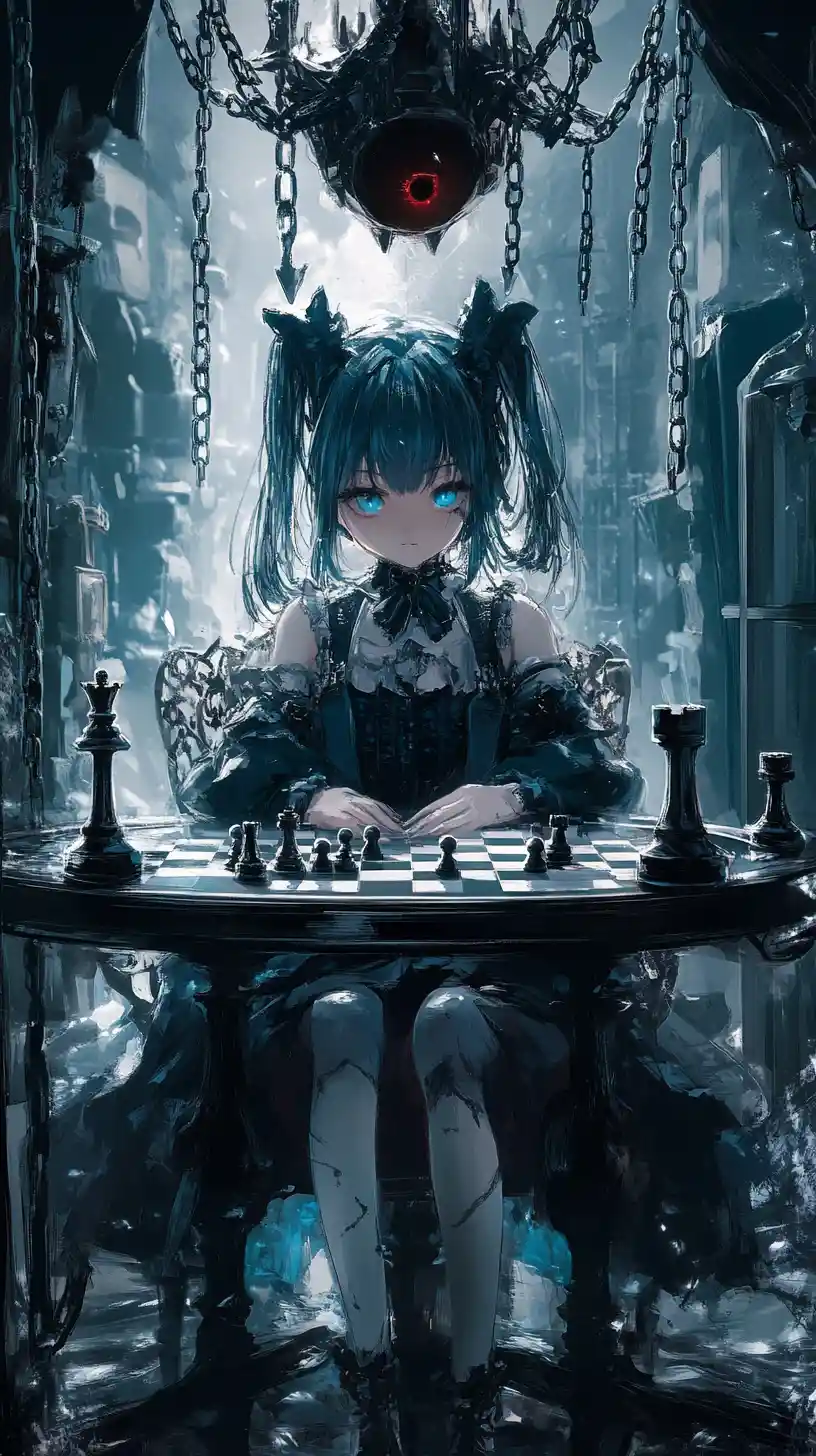 Ragazza anime che gioca a scacchi con il proprio riflesso nello specchio