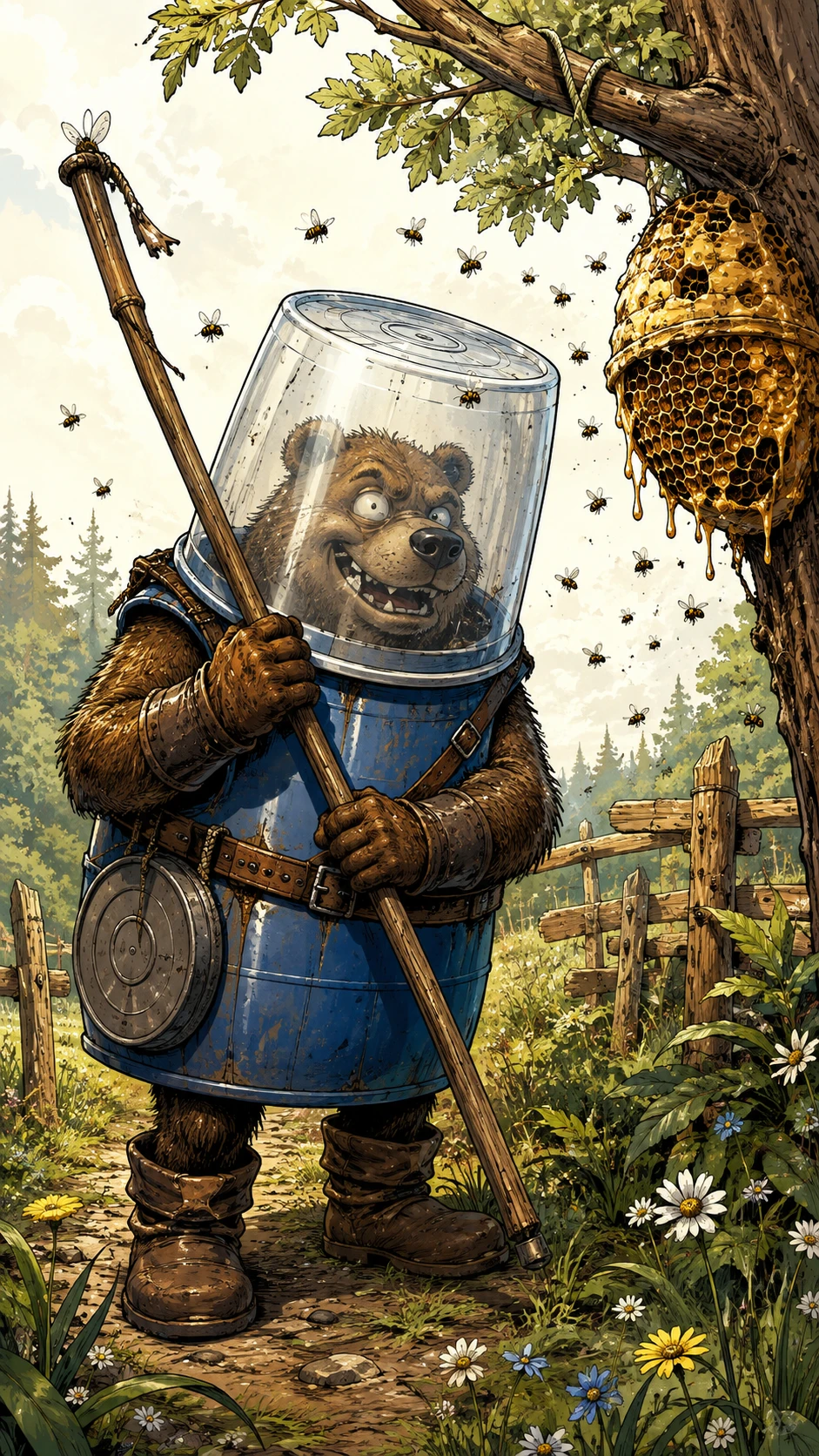 Cartoon bear in barrel armor with head in plastic bucket
