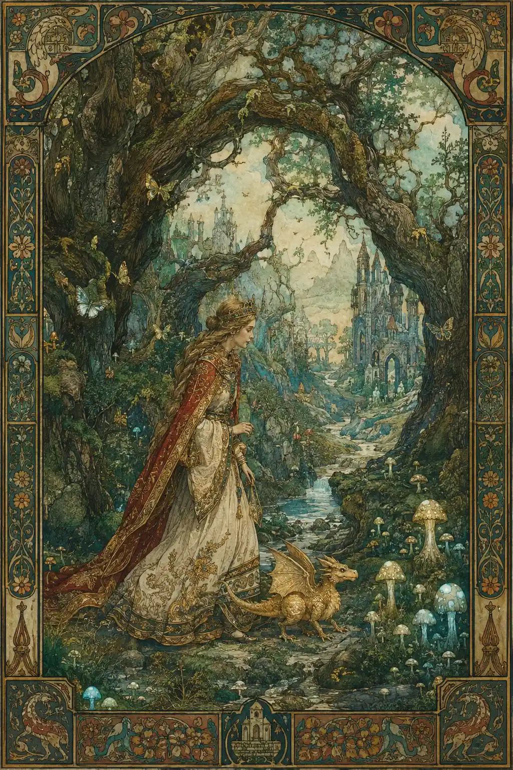 Young princess walking through an enchanted forest with dragon