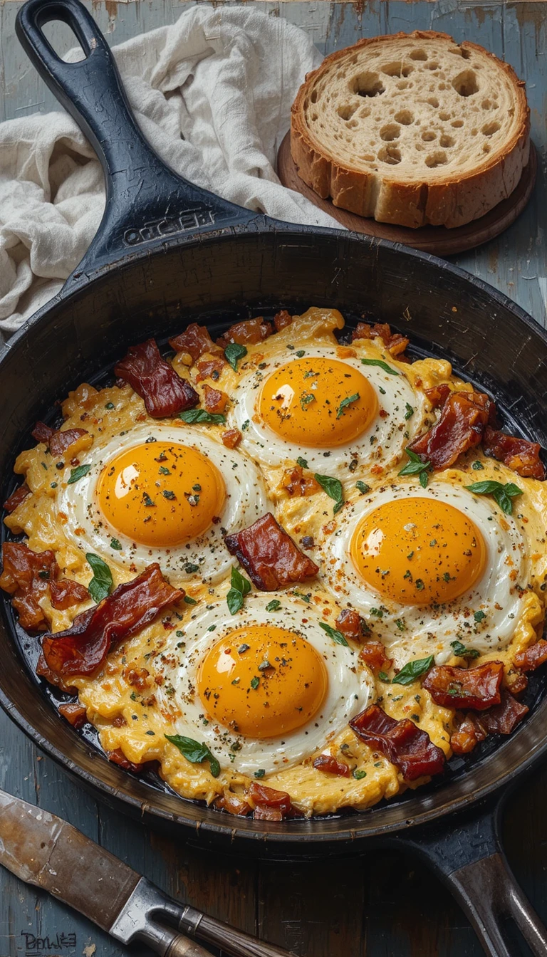 Close up oil painting of scrambled eggs and bacon skillet