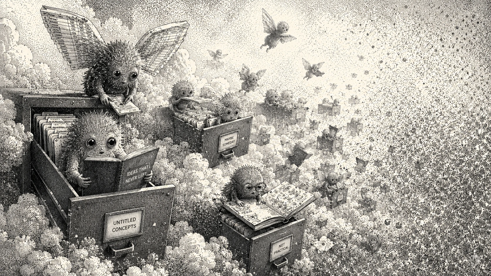 Fuzzy fantasy creatures inhabiting floating filing cabinets in clouds