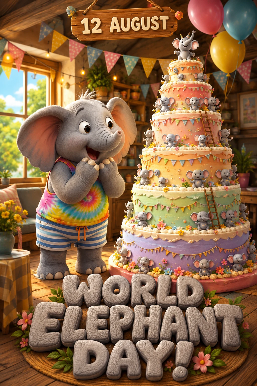 Cute cartoon elephant celebrating world elephant day indoors
