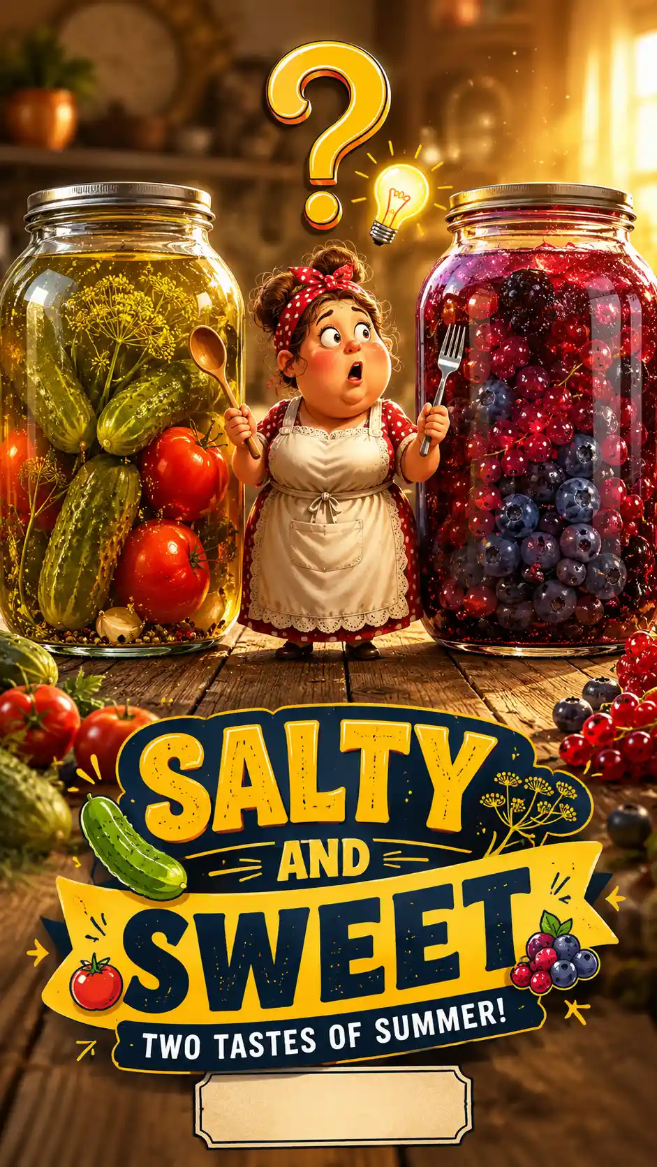 Chef between jars of salty pickles and sweet summer berries