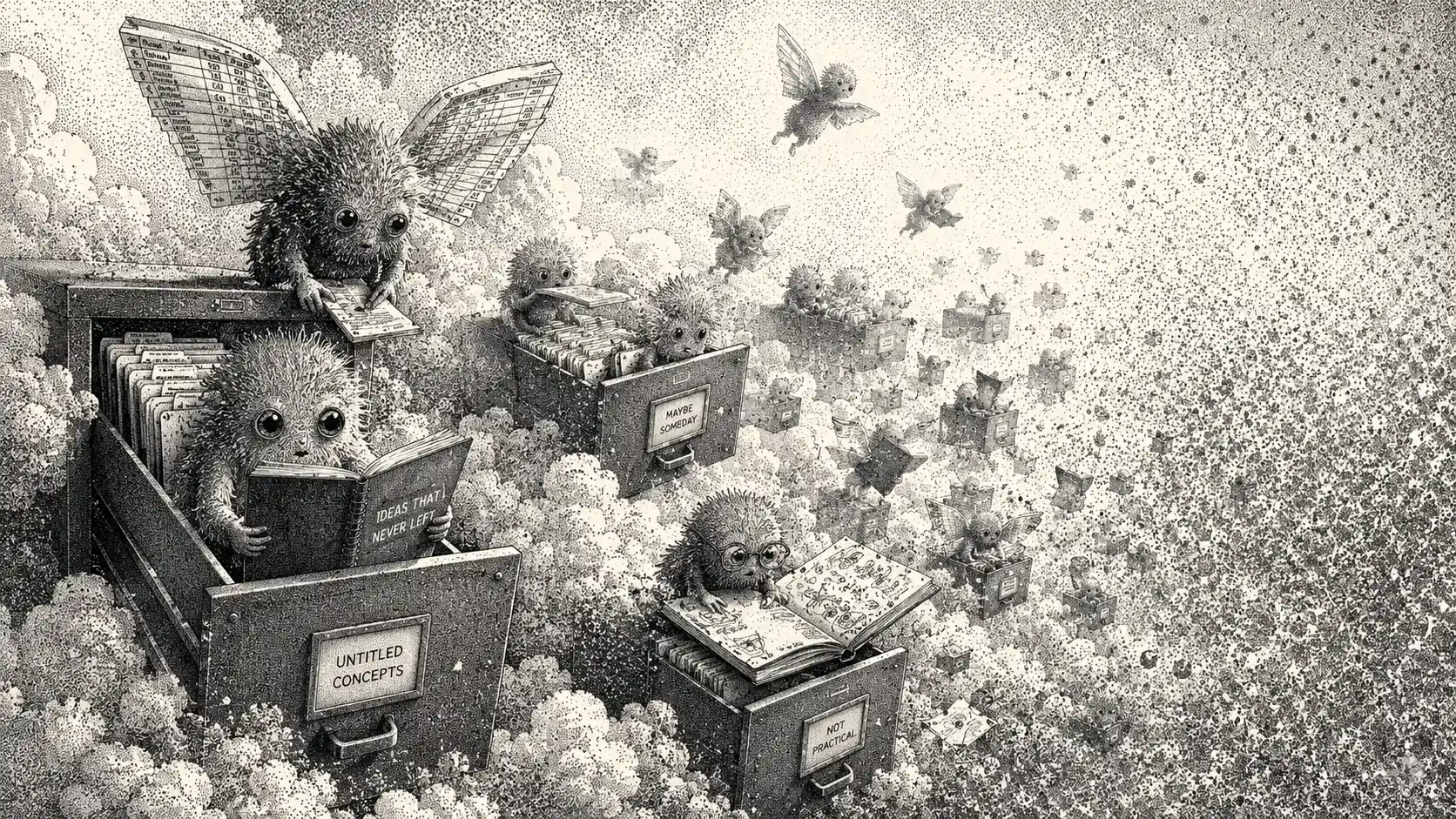 Fuzzy fantasy creatures inhabiting floating filing cabinets in clouds