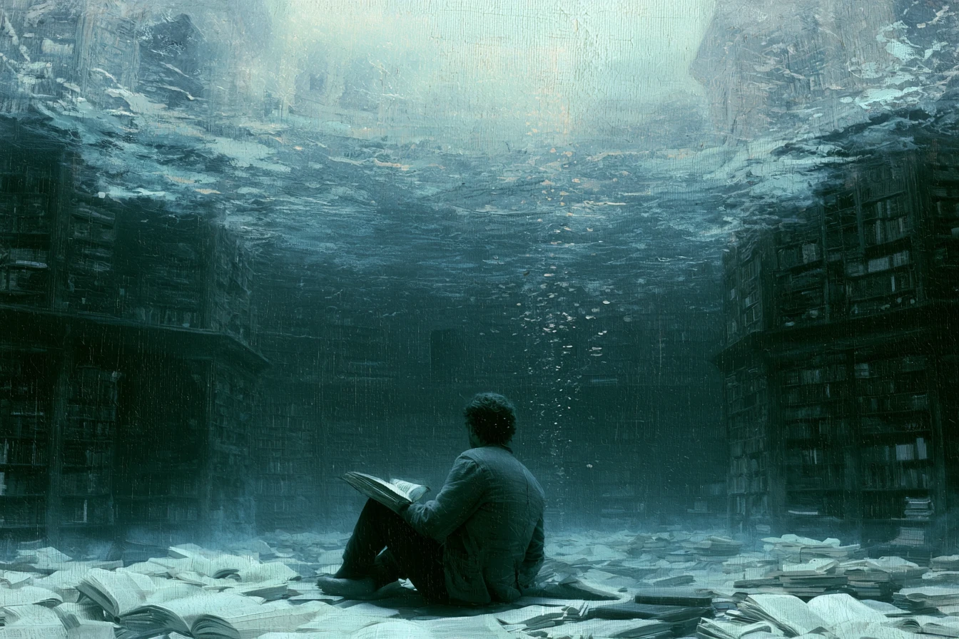 Surreal fantasy vision of the legendary drowned library of Atlantis
