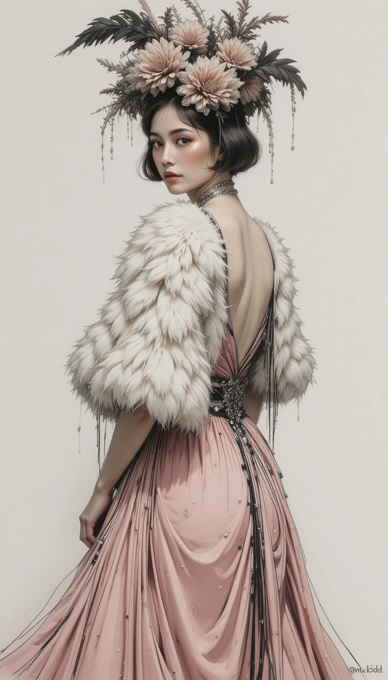 Vintage woman in feathered headdress and fur cape portrait