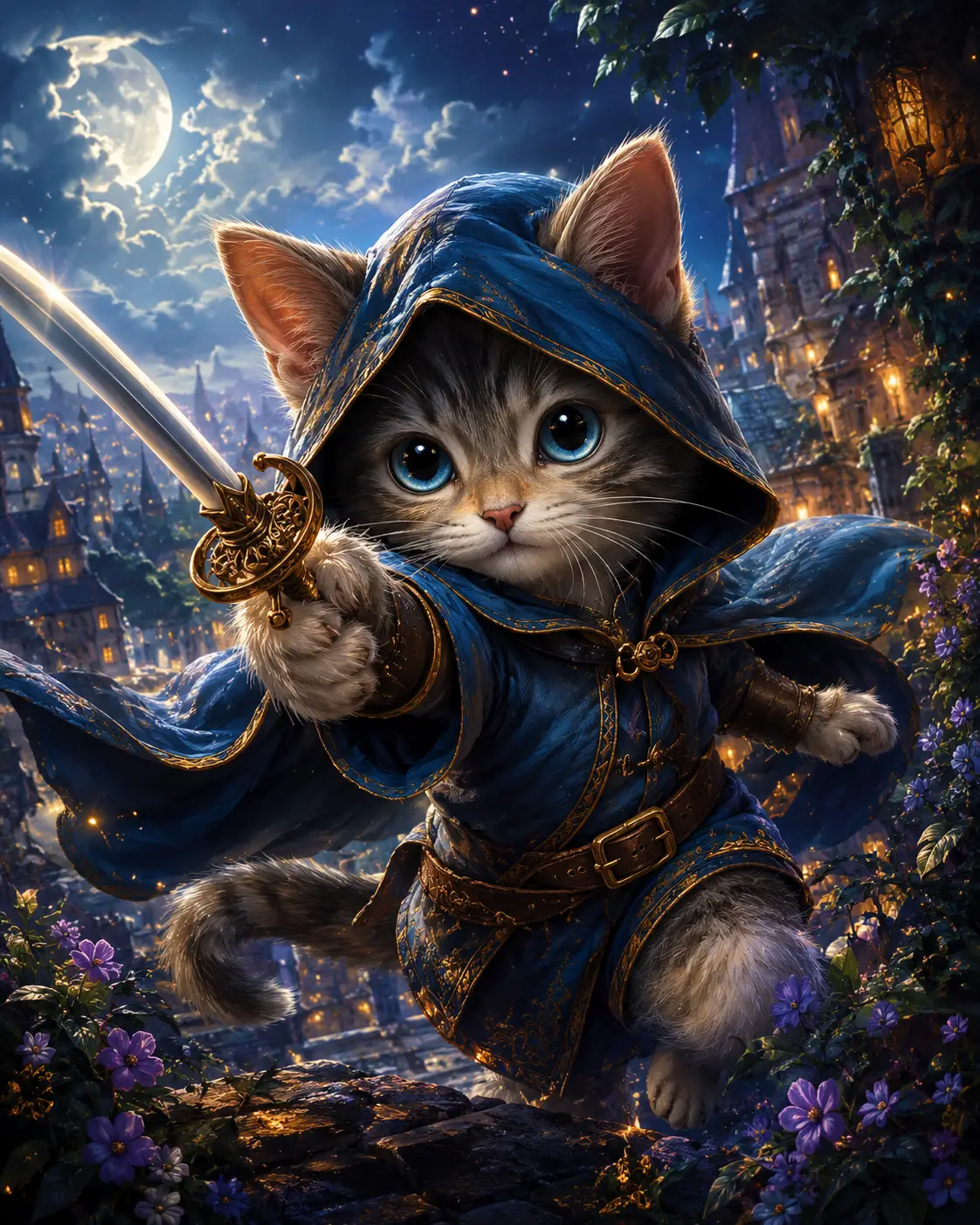 Fantasy hero with luminous eyes in dynamic magical scene