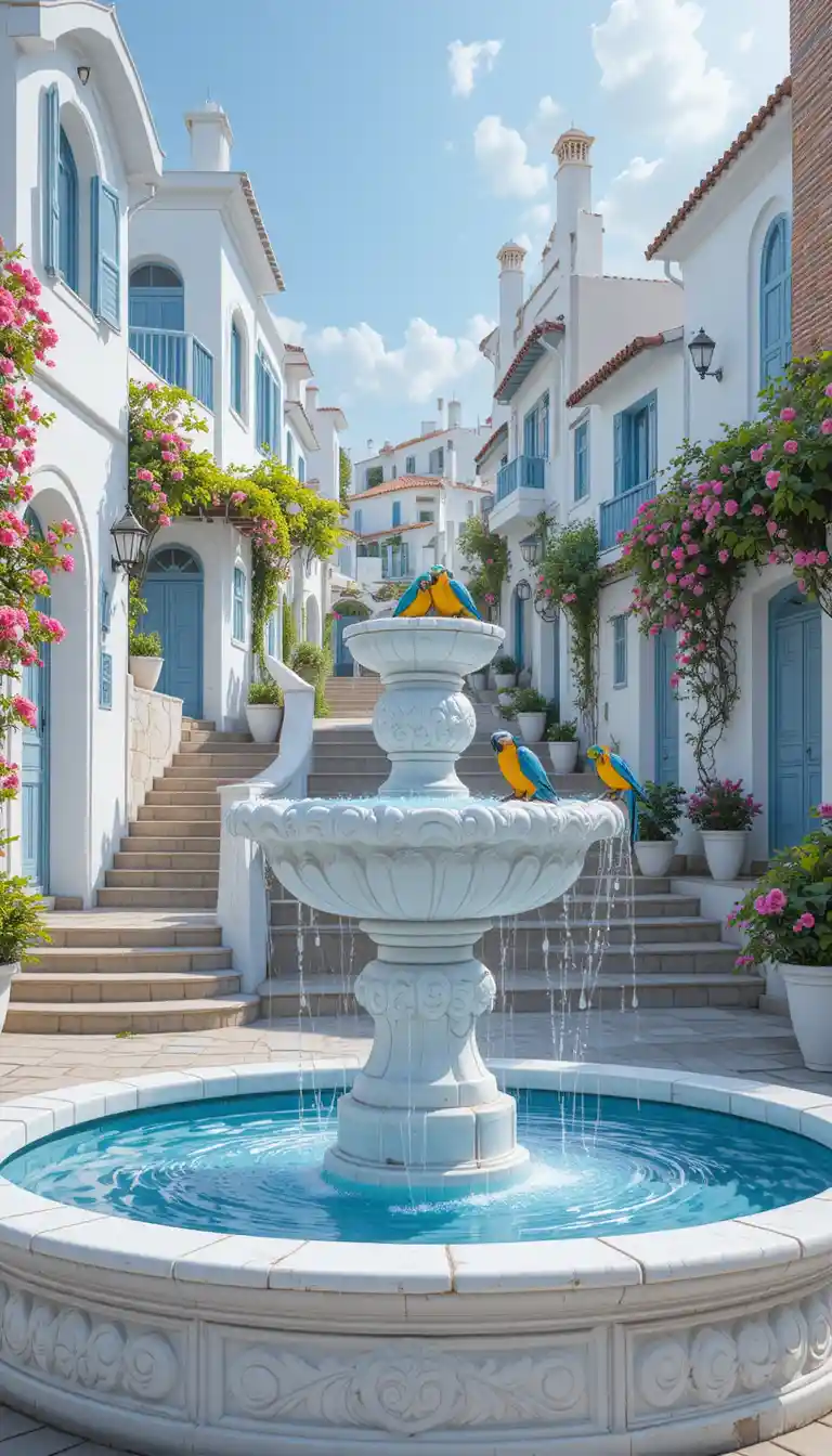 Colorful parrots by a white marble fountain on a street