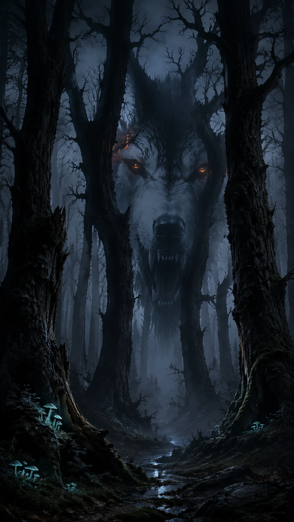 Hidden wolf silhouette emerging from dark ancient forest