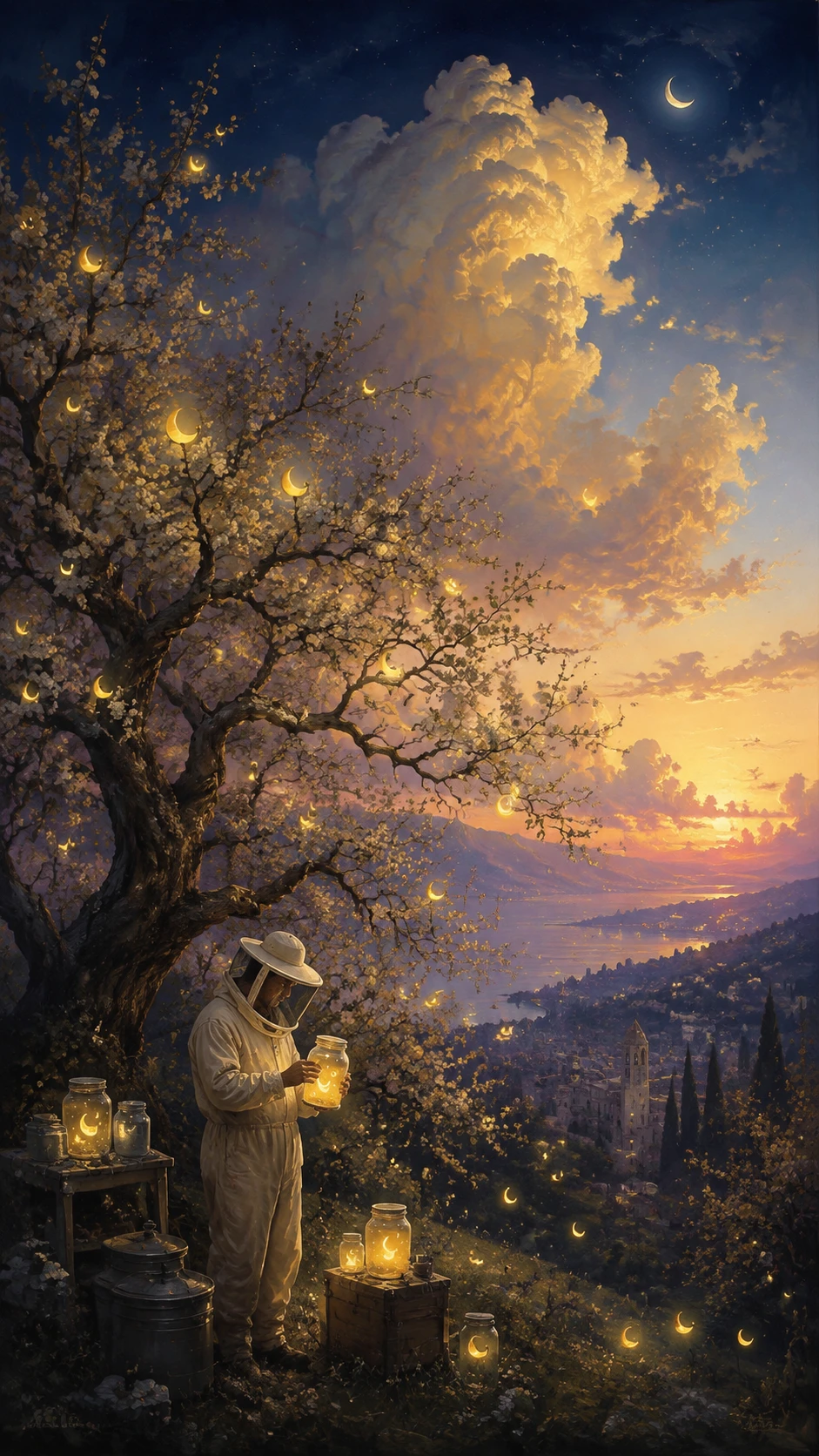 Beekeeper Harvesting Moonlight Among Enchanted Flowering Trees