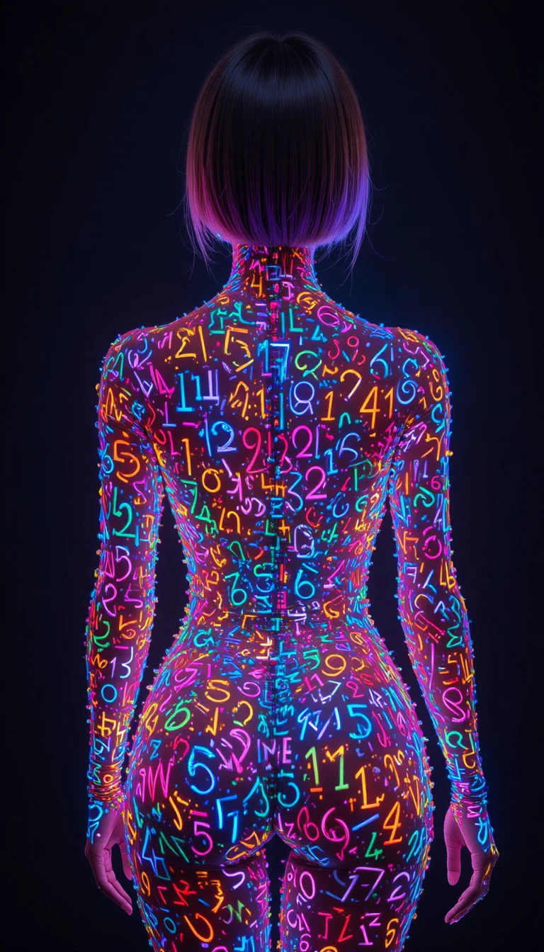 Young woman made of glowing multicolored 3D numbers