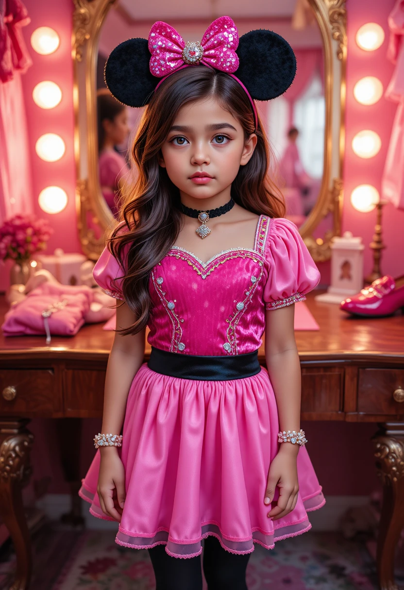Nervous tween in princess costume at pink vanity