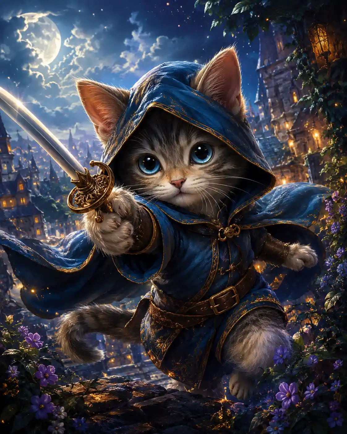 躍動感あふれる魔法の世界の光る瞳のファンタジーヒーロー