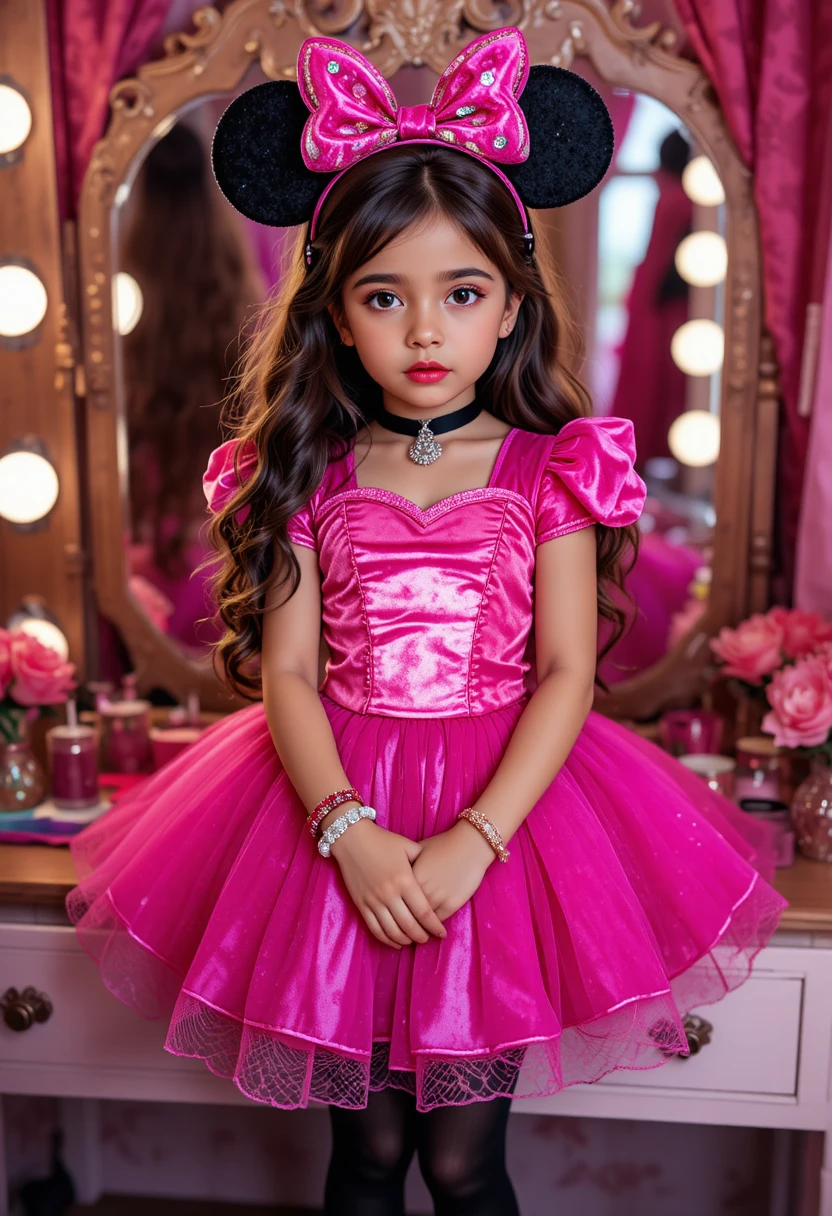 Tween boy in princess costume at a vanity mirror