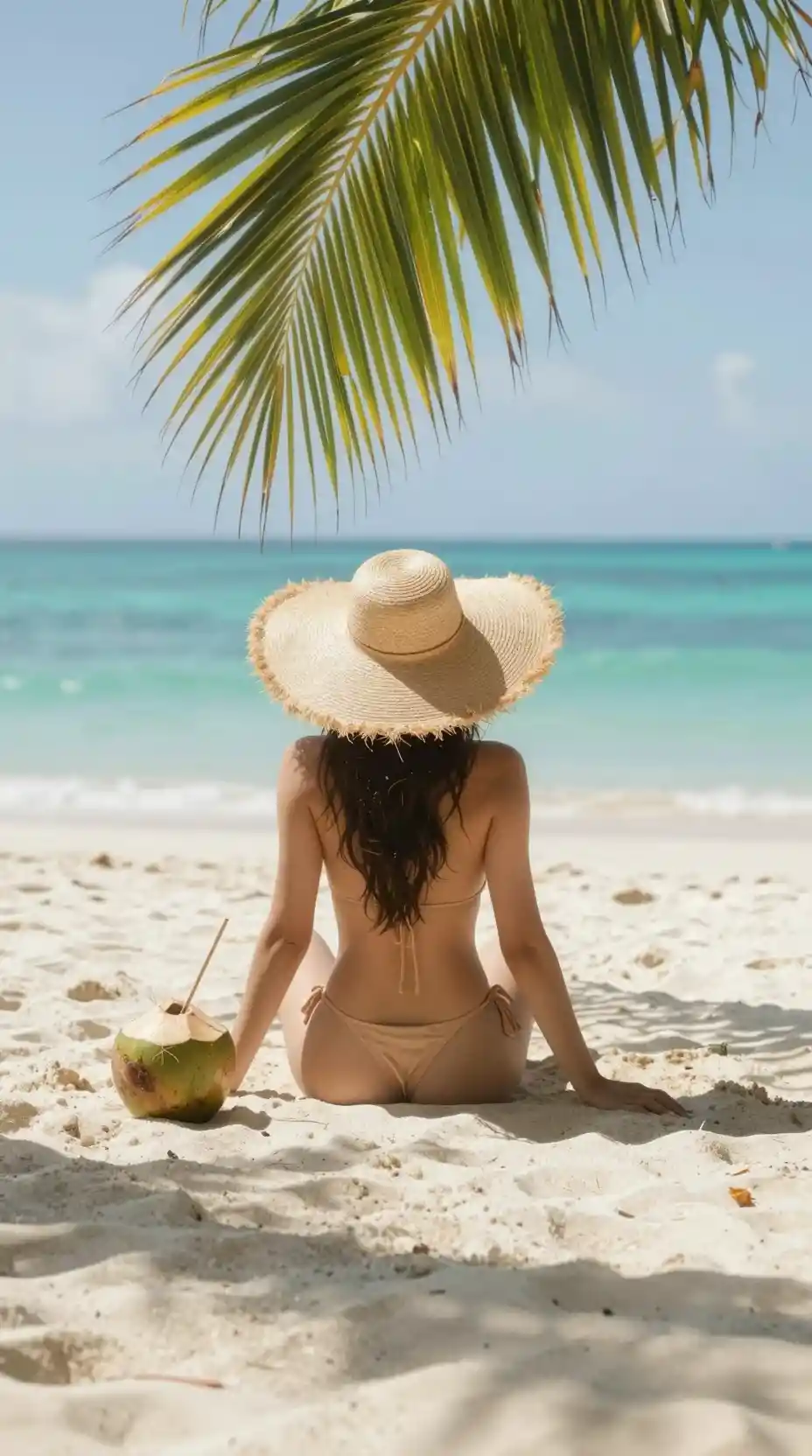 Woman in straw hat relaxing on sunny tropical beach
