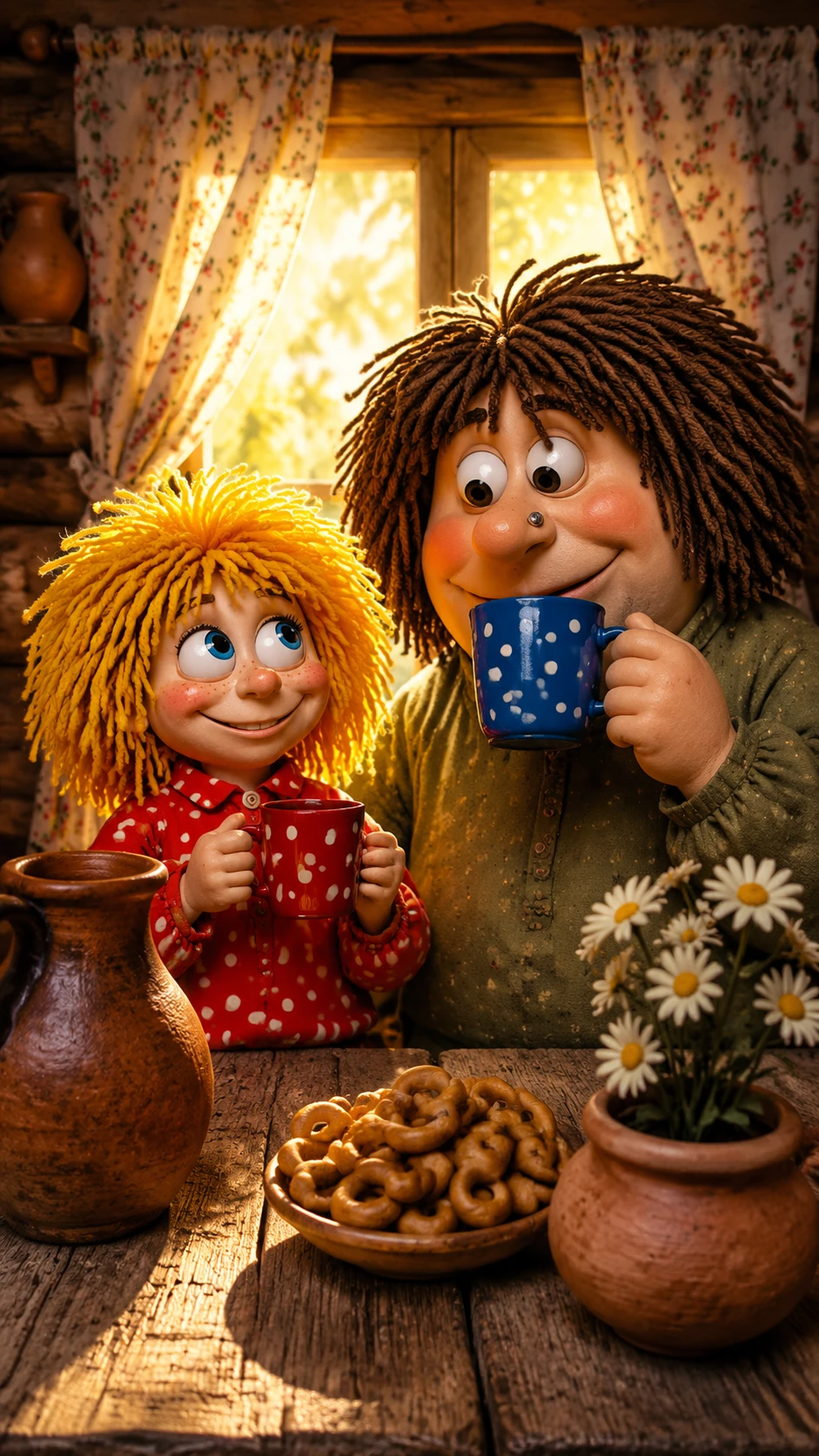 Two plush dolls sharing morning tea at a cozy table