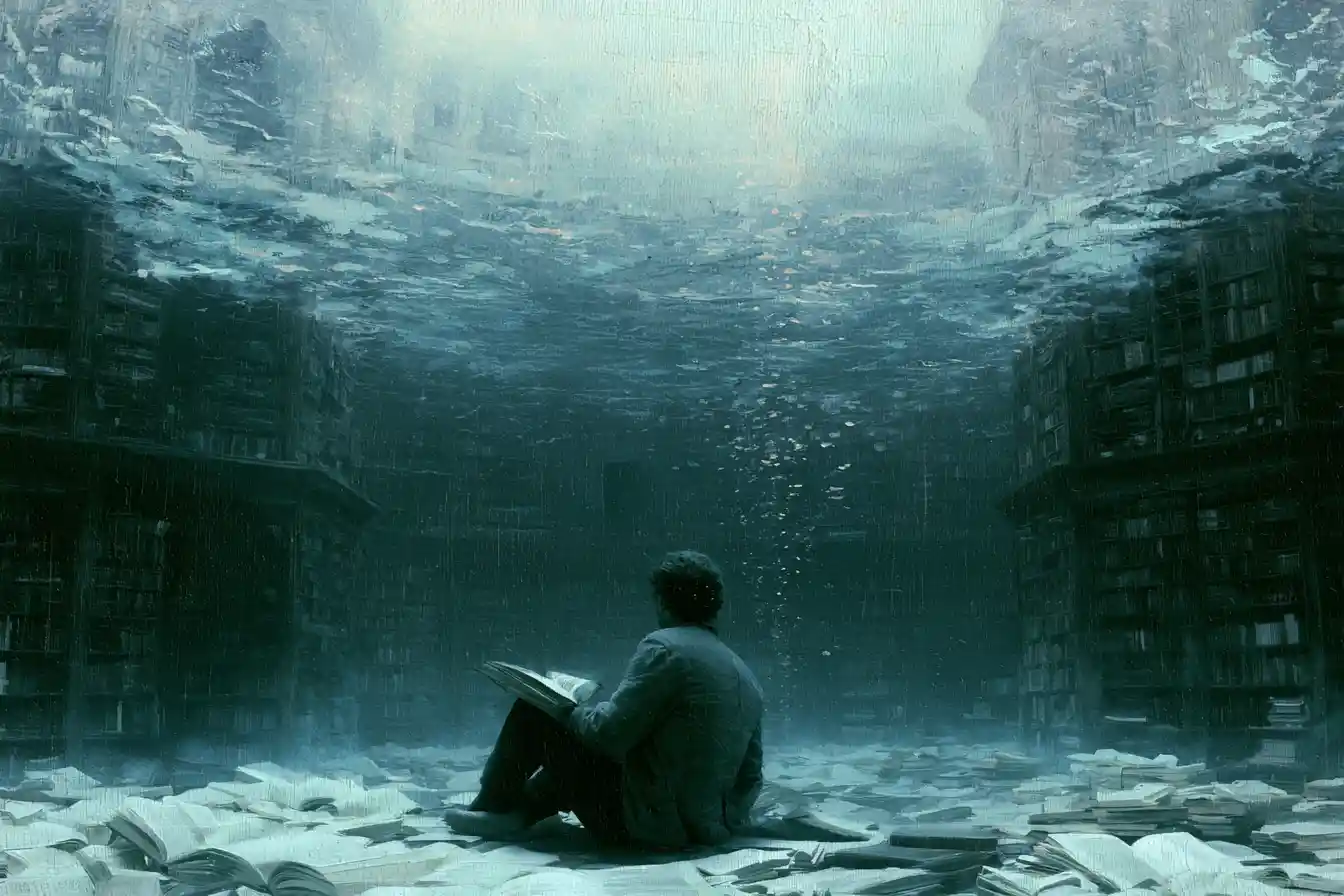 Surreal fantasy vision of the legendary drowned library of Atlantis