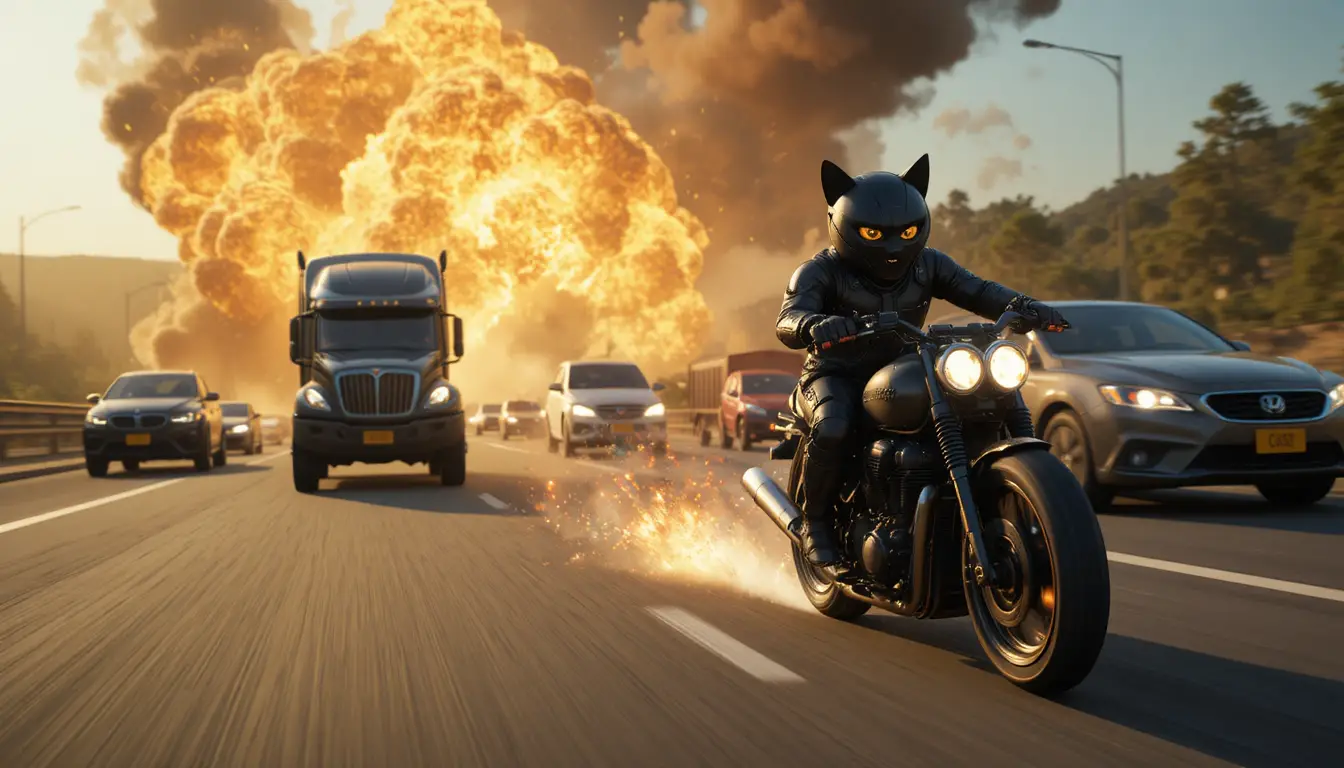Futuristic black cat on motorcycle chasing cars on highway