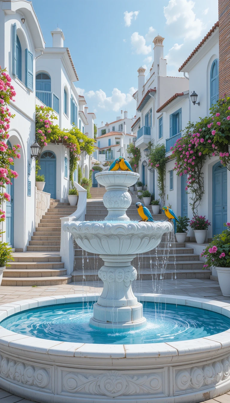 Colorful parrots by a white marble fountain on a street