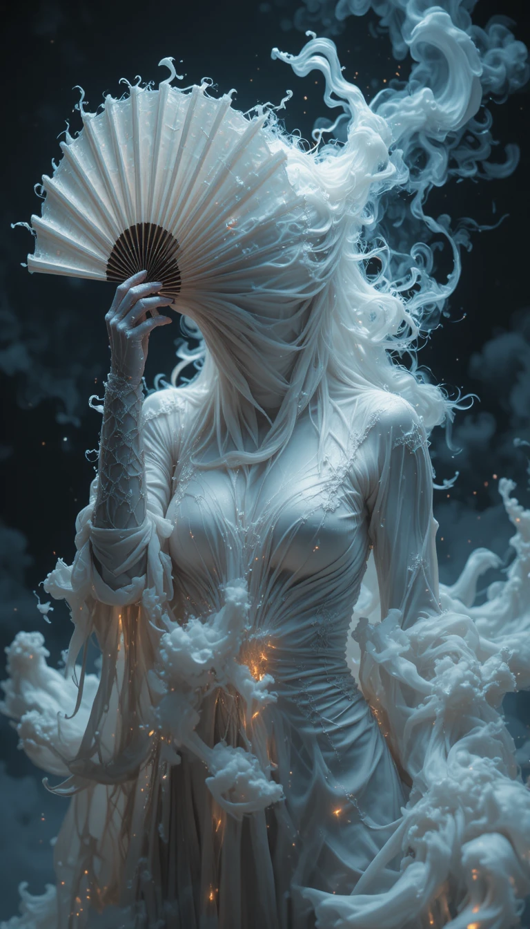 Ghostly woman with fiery blade in swirling dark smoke