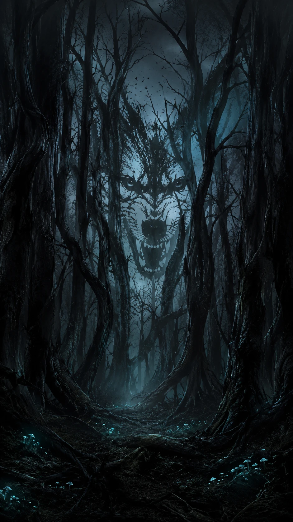 Hidden wolf silhouette emerging from a dark ancient forest