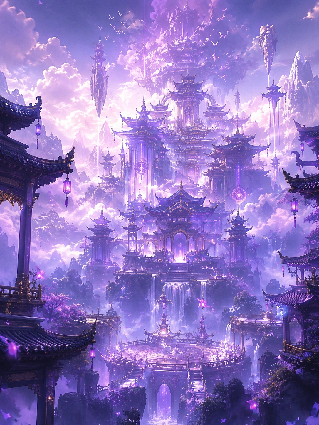 Celestial Chinese temple floating above misty purple mountains