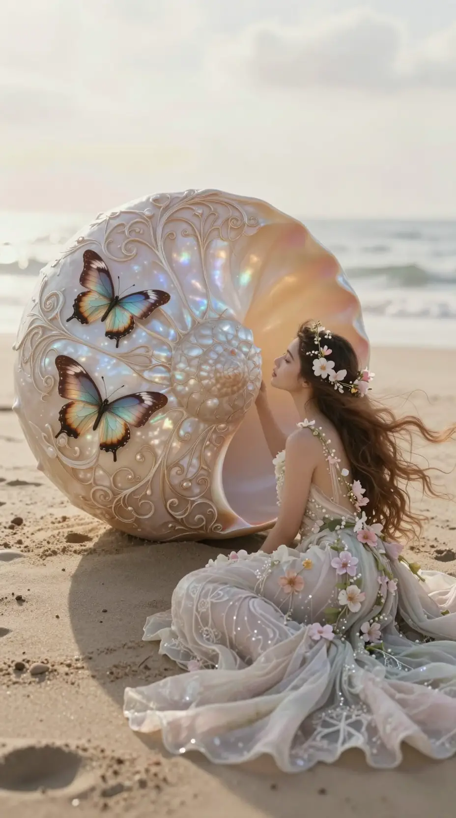 Woman on a sandy beach gazing at a carved nautilus shell