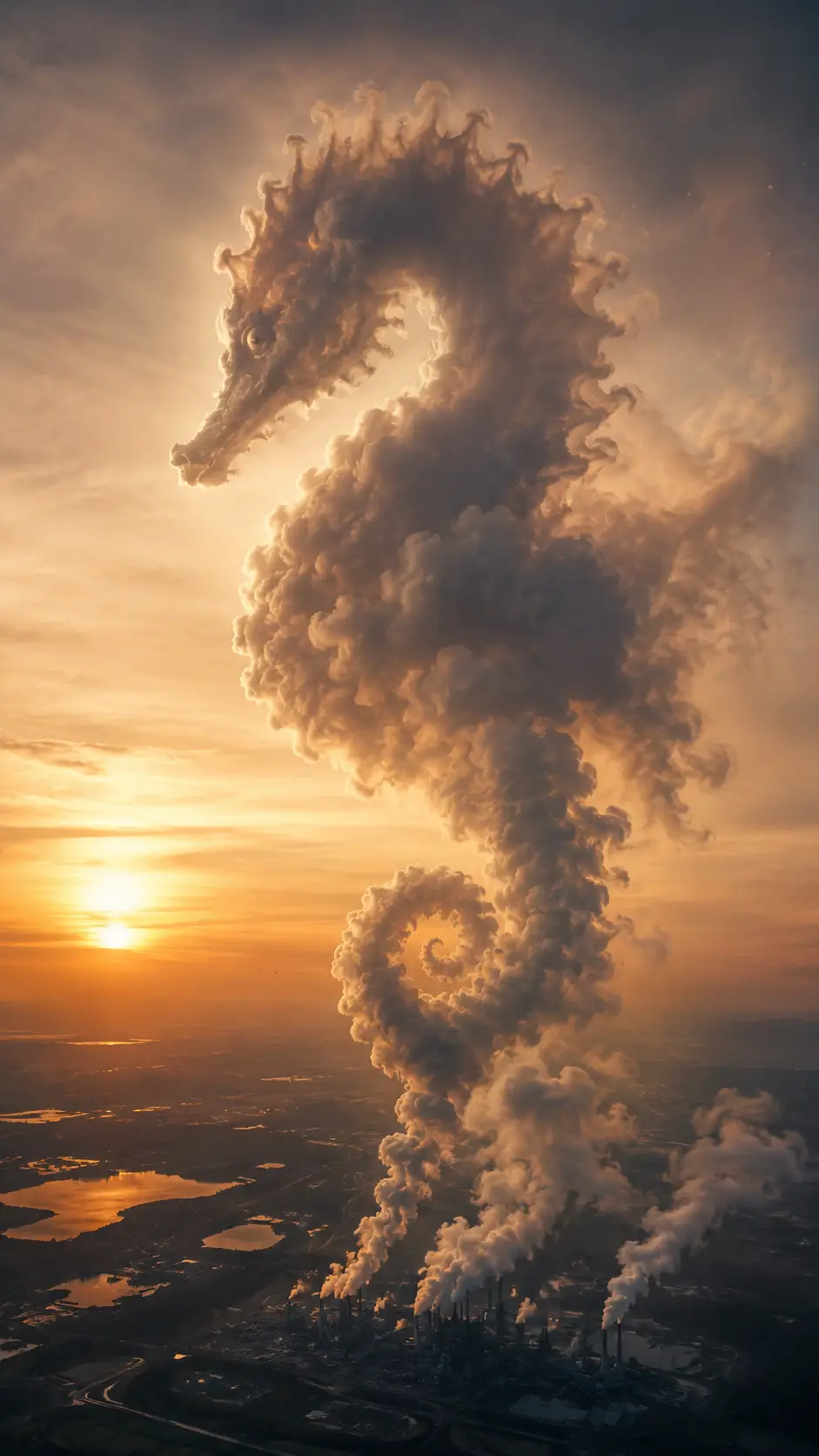 Aerial view of sunrise smoke over distant industrial skyline