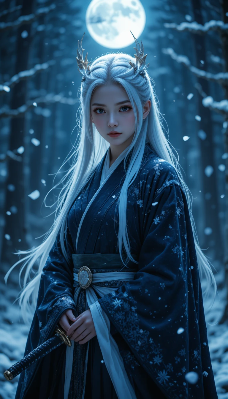 Silver haired swordswoman in a snowy moonlit forest