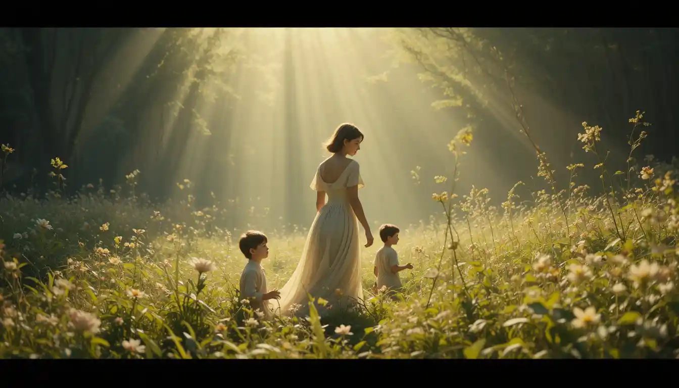 Family relaxing in a dreamy grassy field at golden hour