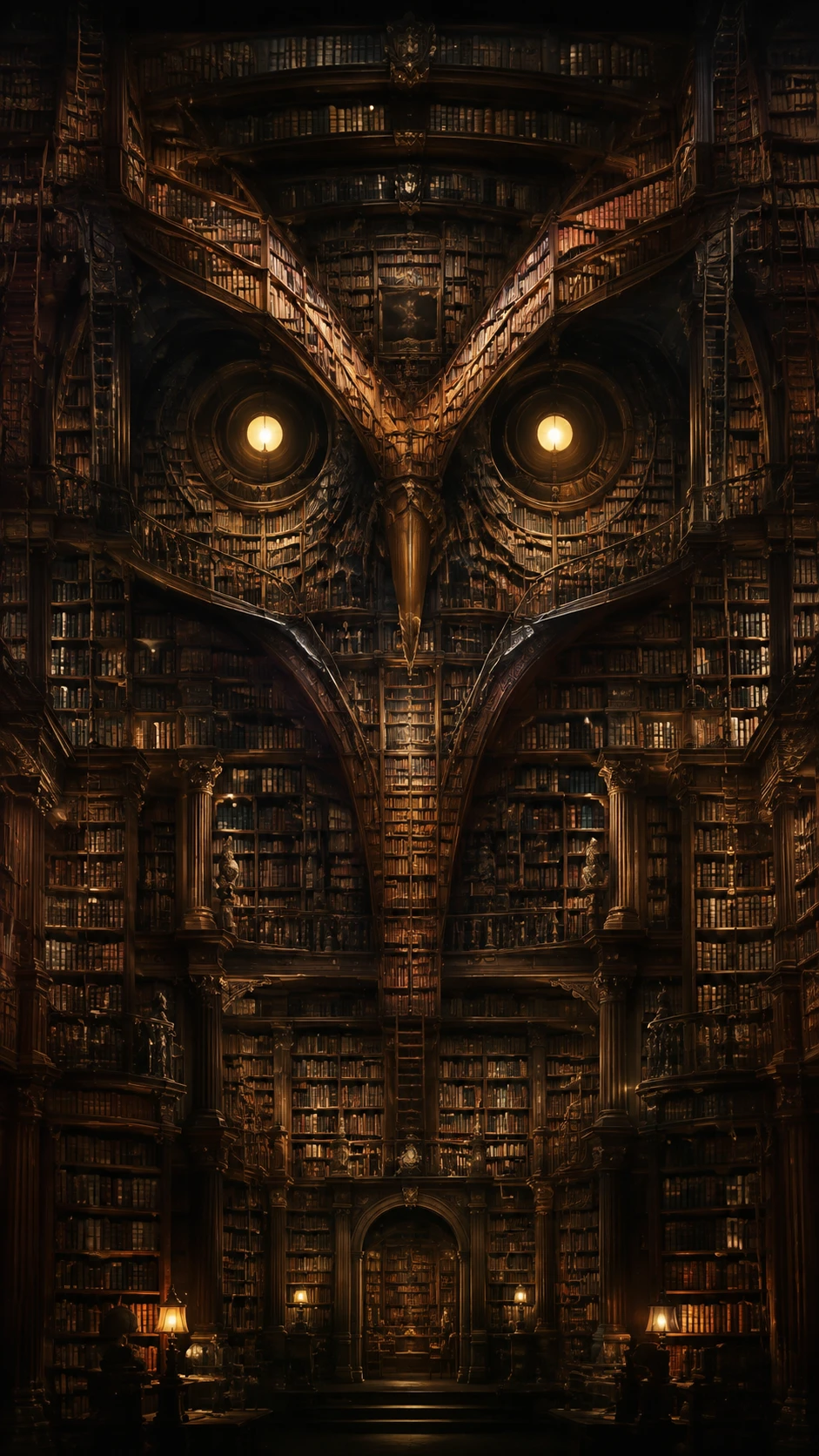 Grand antique library forming a subtle owl shaped interior
