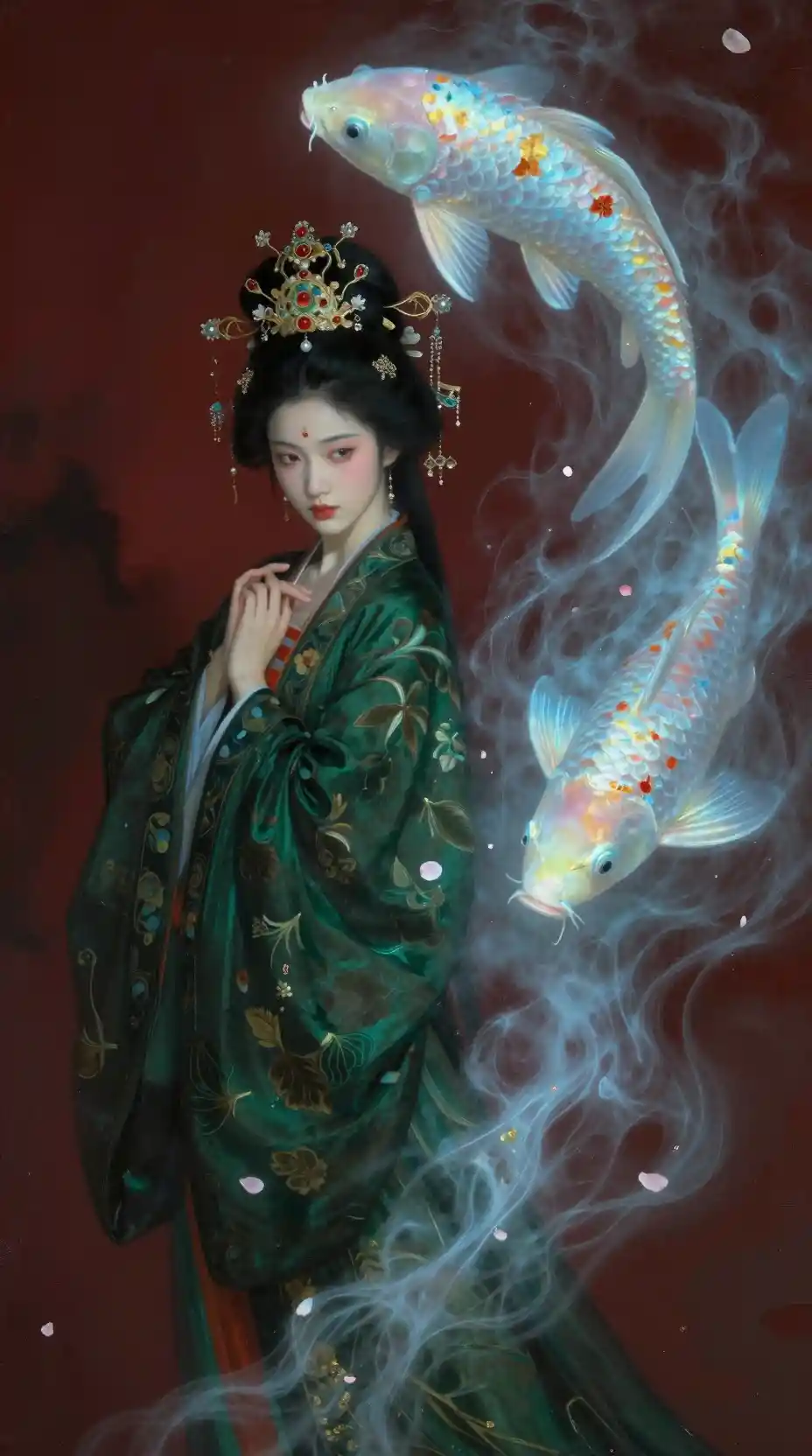 浮游錦鯉與華麗頭飾的中國女神肖像