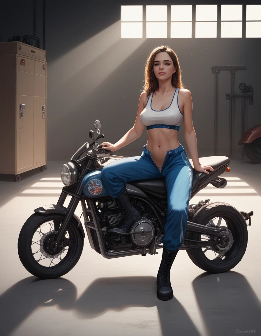 Female mechanic working on motorbike in sunlight workshop