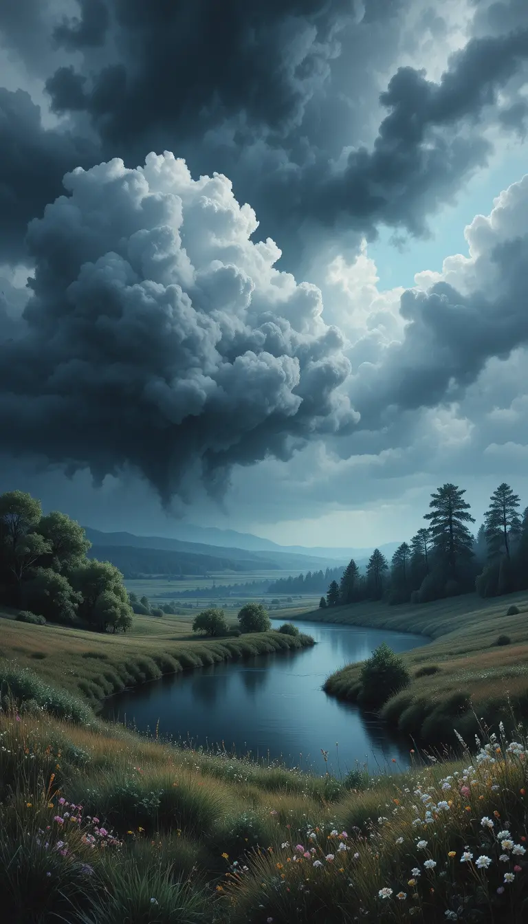 Gloomy river landscape under dark storm clouds