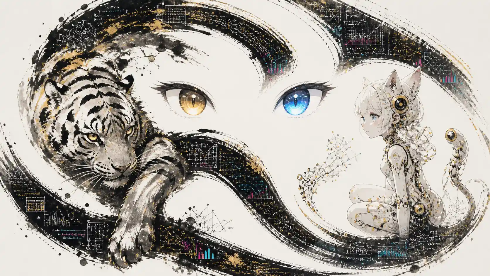 Tigre sumi e y niño felino futurista en ilustración paradójica
