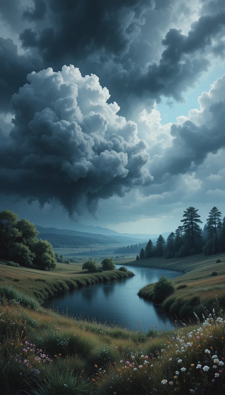 Gloomy river landscape under dark storm clouds